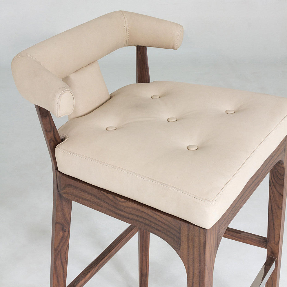 Luxe Sleek Contemporary Ivory Leather Bar Stool 32" Open T Back Walnut Wood