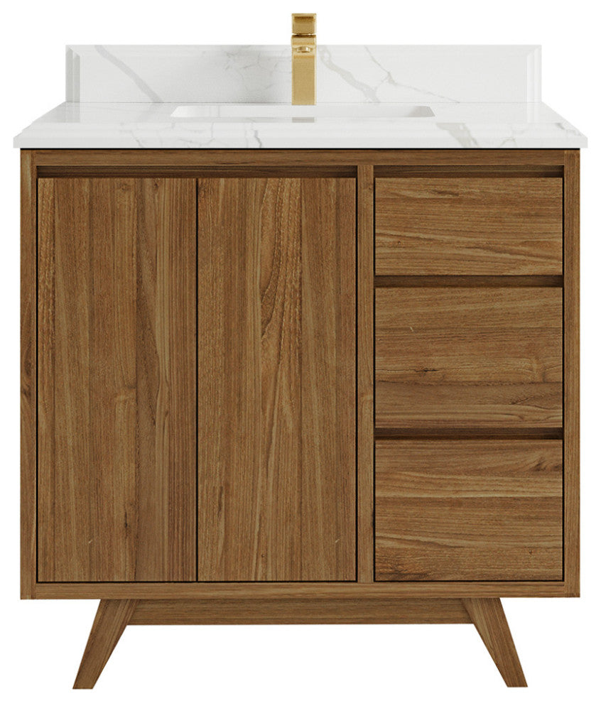 Madison Teak 36 Center Sink Bath Vanity in Dark Natural 1.5" Calacatta Laza