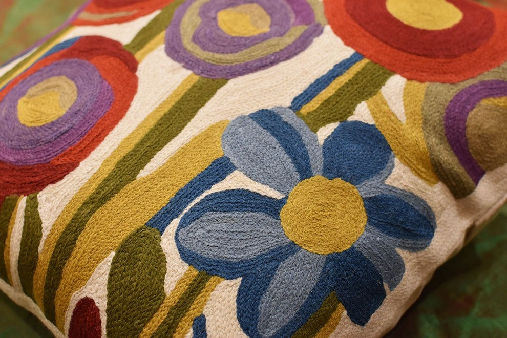Floral Poppy Bloom Red Blue Decorative Pillow Cover Handembroidered Wool 18x18"