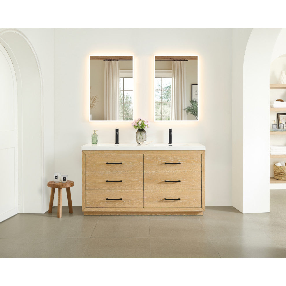 Sigrid Bathroom Vanity, White Oak, 60", No Mirror