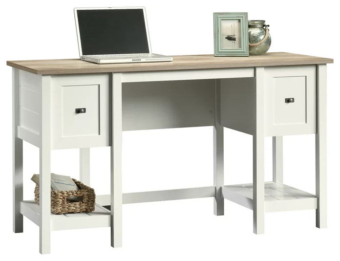 Cottage Desk, Double Pedestal Design With Drawers & Open Shelves, Soft White