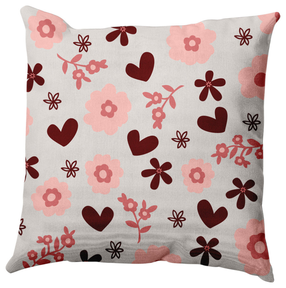 Flowery Love Valentines Indoor/Outdoor Throw Pillow, Gray, 16x16"