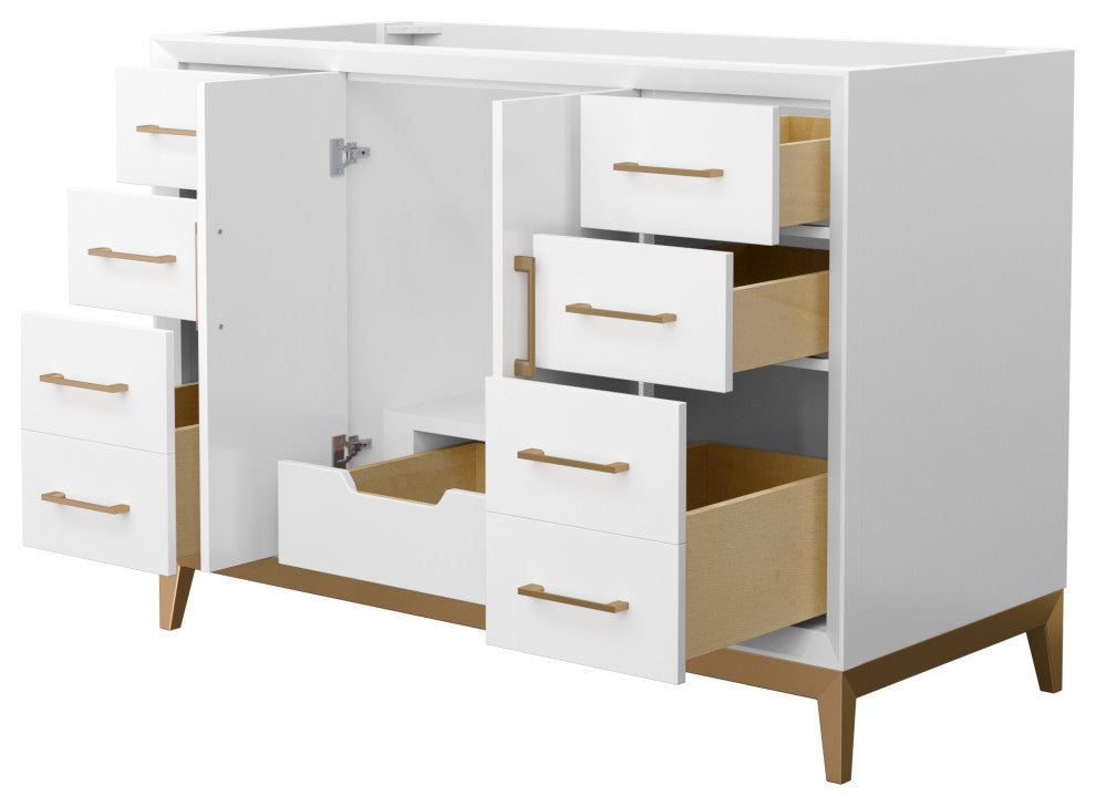 Amici 48" White Single Vanity, No Top, No Sink, Satin Bronze Trim