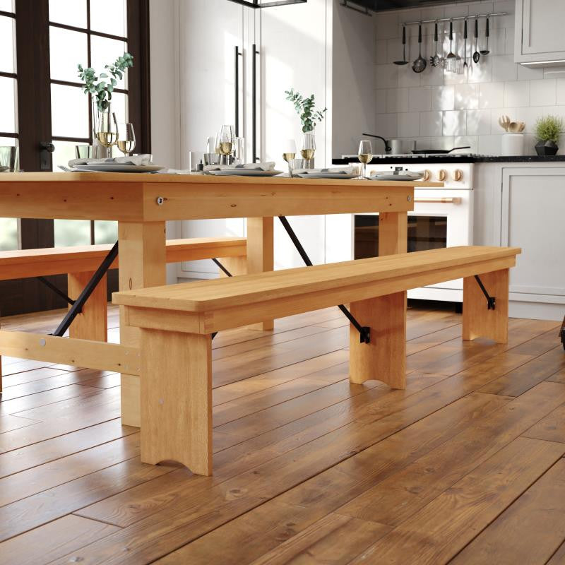 HERCULES Series 8' x 12'' Solid Pine Folding Farm Bench With 3 Legs, Light Natural