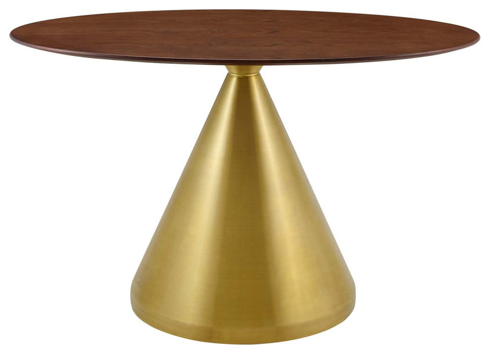 Dining Table, Oval, Wood, Metal, Gold Brown Brown Walnut, Cafe Bistro Restaurant