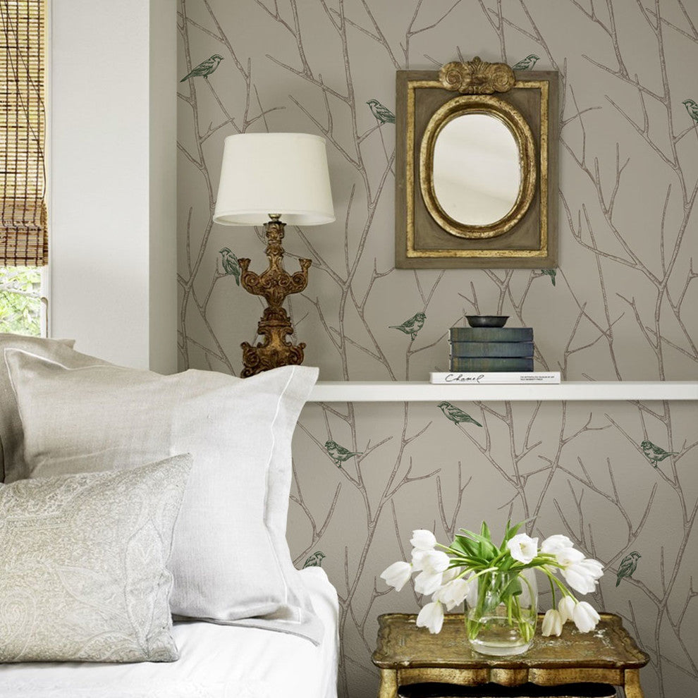 Branch Birds Peel and Stick Vinyl Wallpaper, Green, 24"w X 60"h