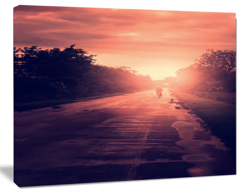 Vintage Biker at Sunset, Modern Landscape Wall Art Canvas, 20"x12"
