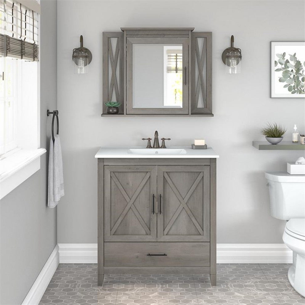 Bush Key West Engineered Wood Bathroom Vanity Sink with Mirror in Driftwood Gray