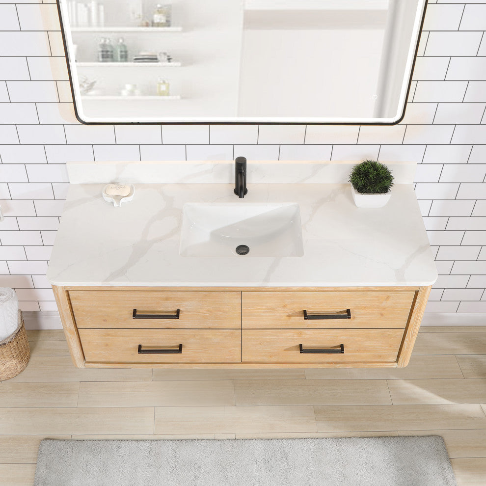 Cristo Floating Bath Vanity With Stone Top, Fir Wood Brown, 55in., No Mirror