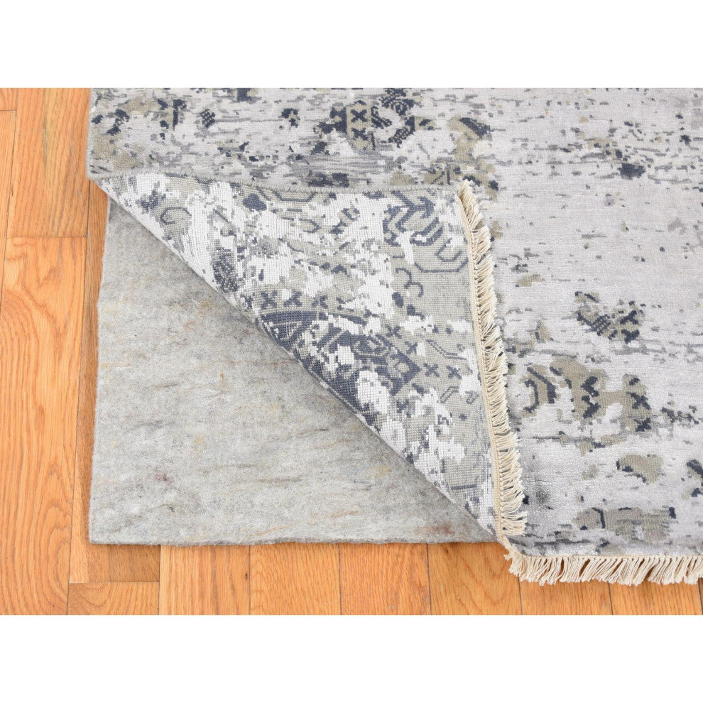 Gray, Broken and Erased Design, Art Wool and Silk Hand Knotted Rug, 8'x9'10"