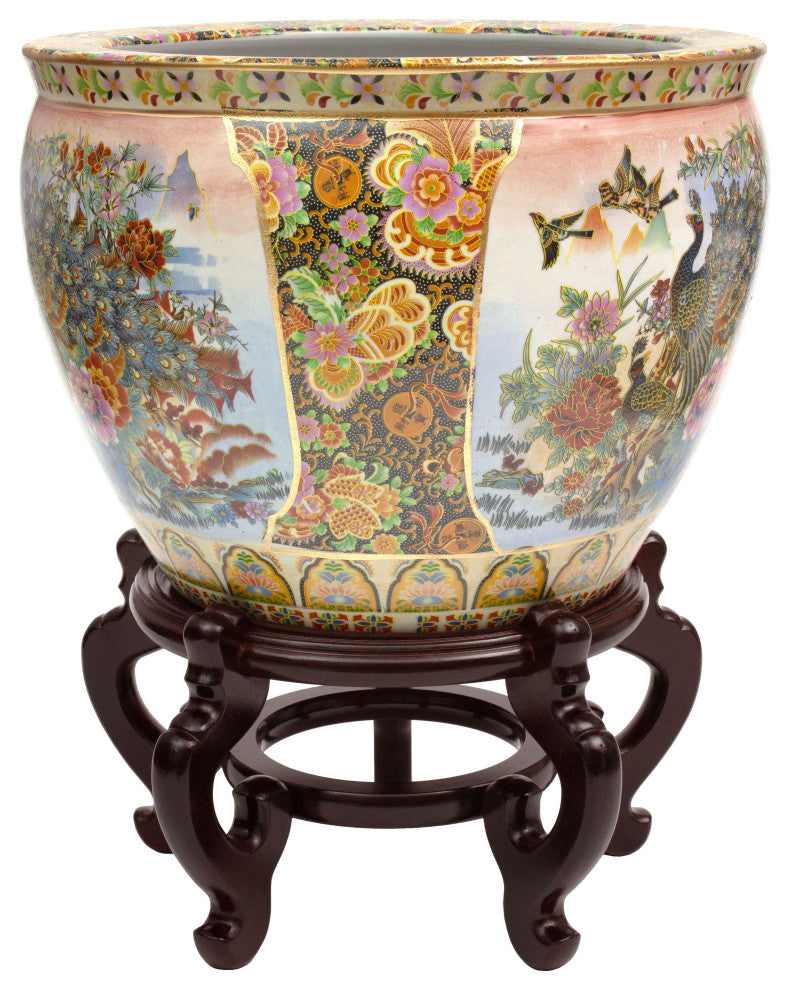 18" Satsuma Garden and Peacock Porcelain Fishbowl