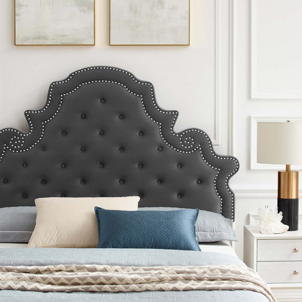 Tufted Platform Bed Frame, King Size, Velvet, Gray, Modern Contemporary