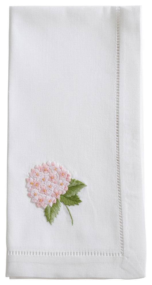 Hemstitch Napkins With Embroidered Pink Hydrangea Design, Set of 6, 20" x 20"