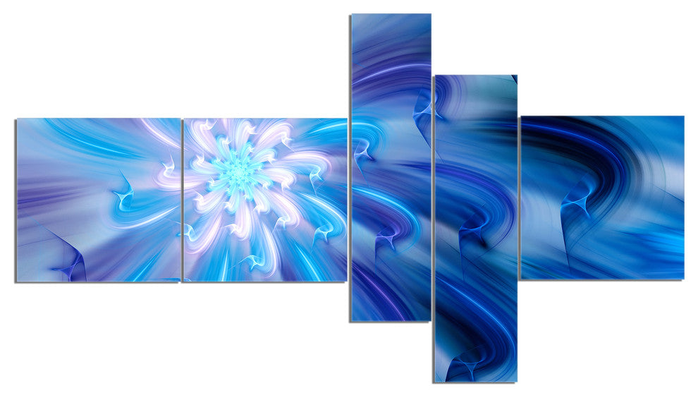 Dance of Blue Fractal Flower Petals, Floral Canvas Art Print, 60"x32", 5 panels