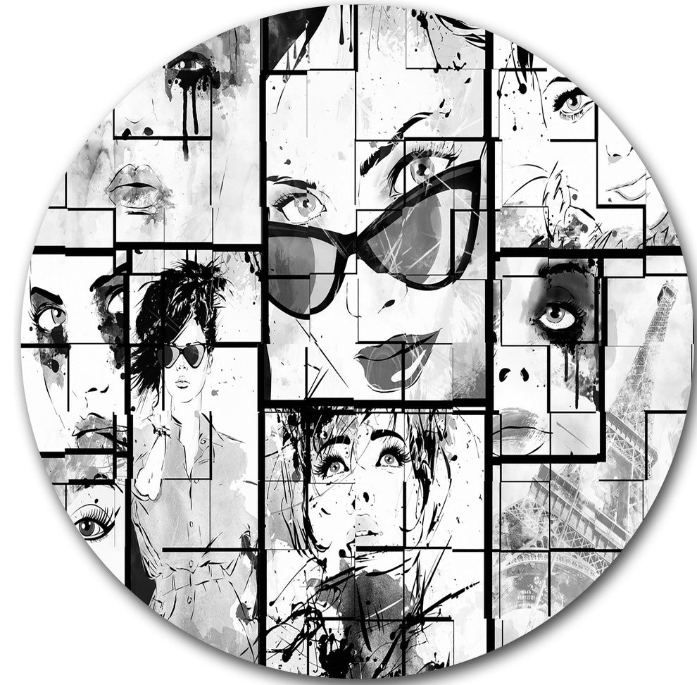 Many Girl Faces Collage, Portrait Digital Art Disc Metal Wall Art, 36"
