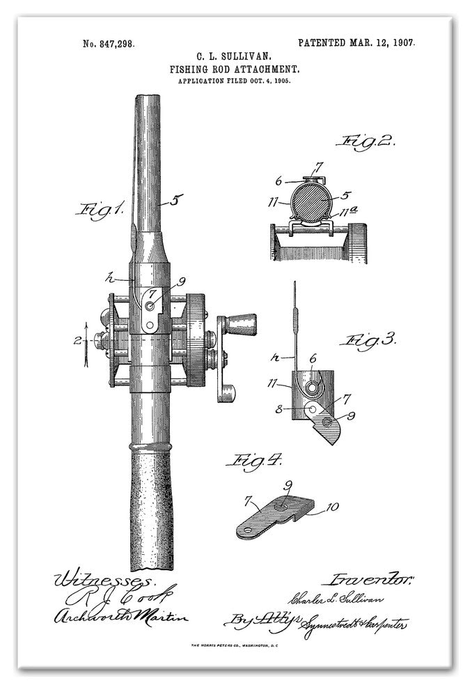 Vintage Fishing Rod Patent 20"x30" Print on Canvas