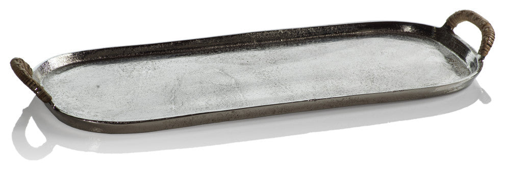 Praslin Raw Aluminum Tray with Cane Wrapped Handles, Small