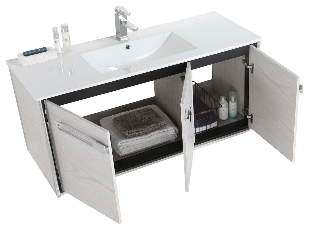 Oakville Wall Mount Bathroom Vanity, Mild Grey Oak, 48", Chrome Hardware