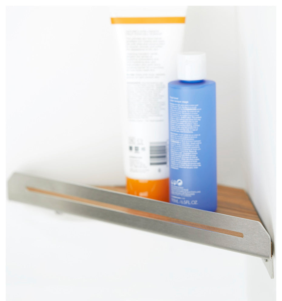 Floating Corner Shower Shelf With Natural Teak Wood, Satin