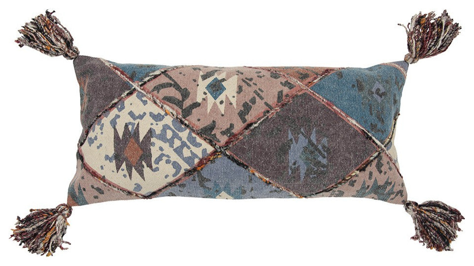 Teal Tan Tribal Corner Tasseled Lumbar Pillow