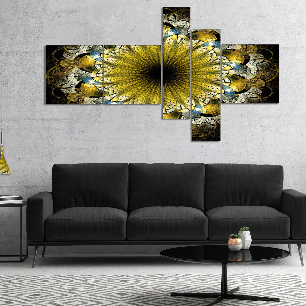 Dark Yellow Fractal Flower, Abstract Canvas Art Print, 60"x32", 5 panels