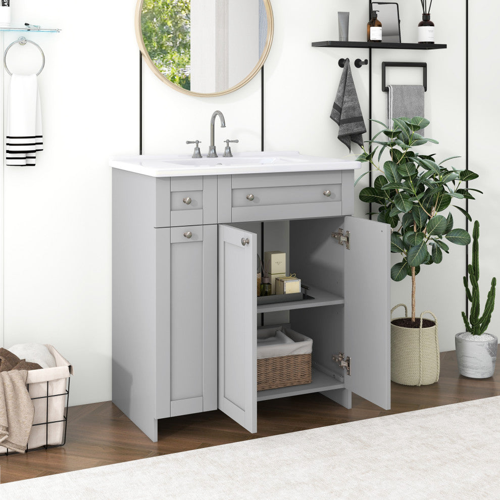 30 Inch MDF Freestanding Bathroom Vanity Set with Ceramic Sink, Grey
