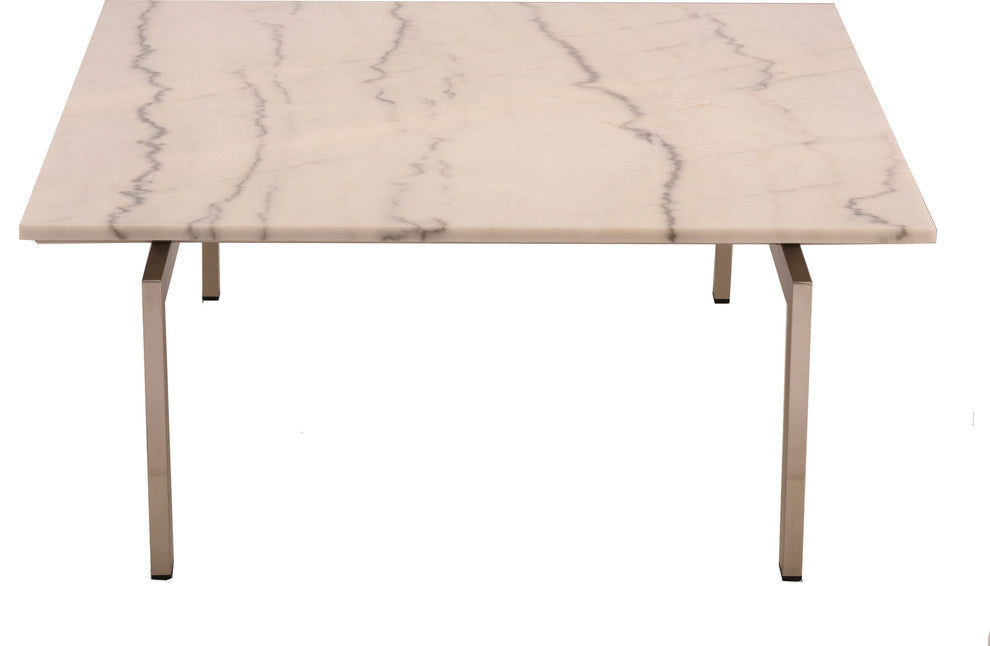 Louve Square Coffee Table, White Marble Square Table, Brushed Stainless Steel