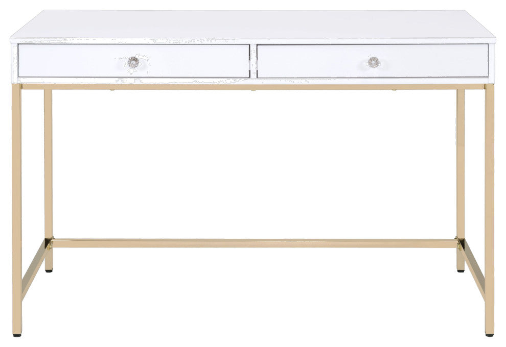 ACME Ottey Vanity Desk, White High Gloss and Gold Finish