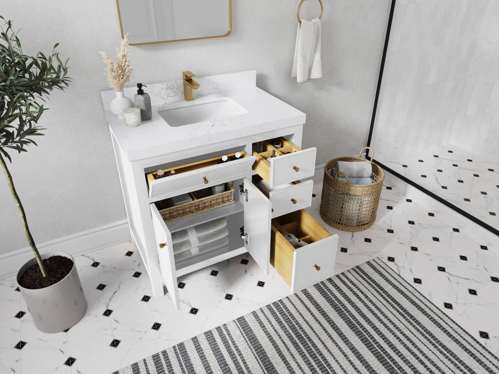 Sonoma 36 Center Sink Reeded Bath Vanity in White 2" Calacatta Nuvo