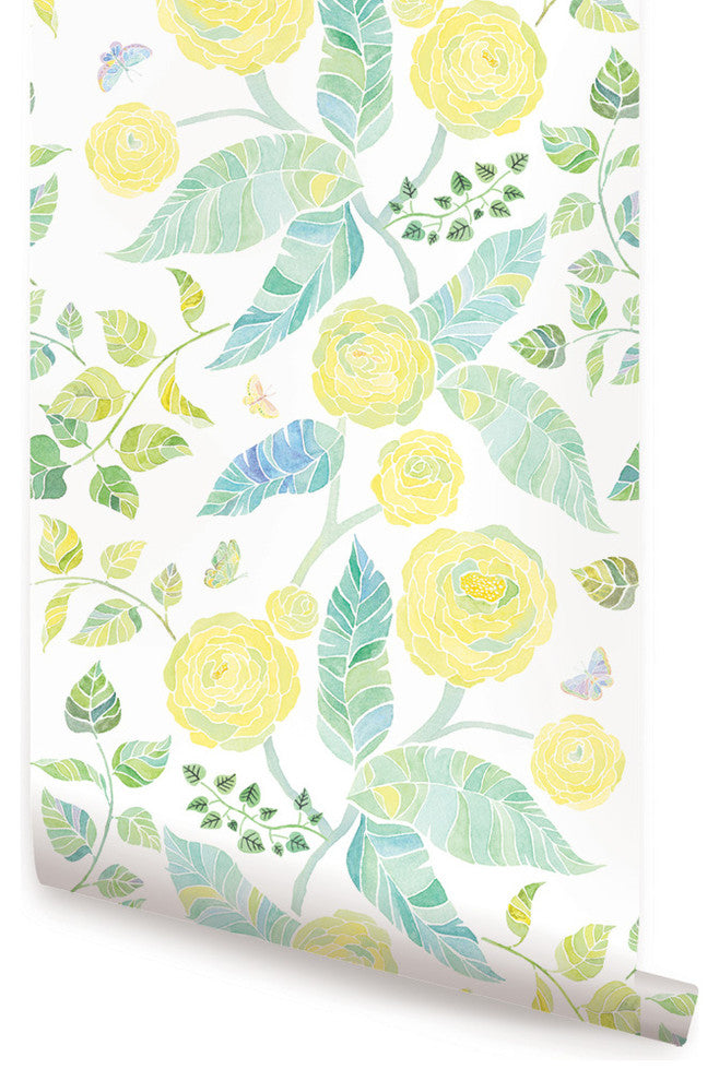 Spring Garden Flowers Peel and Stick Vinyl Wallpaper, Yellow, 24"w X 108"h