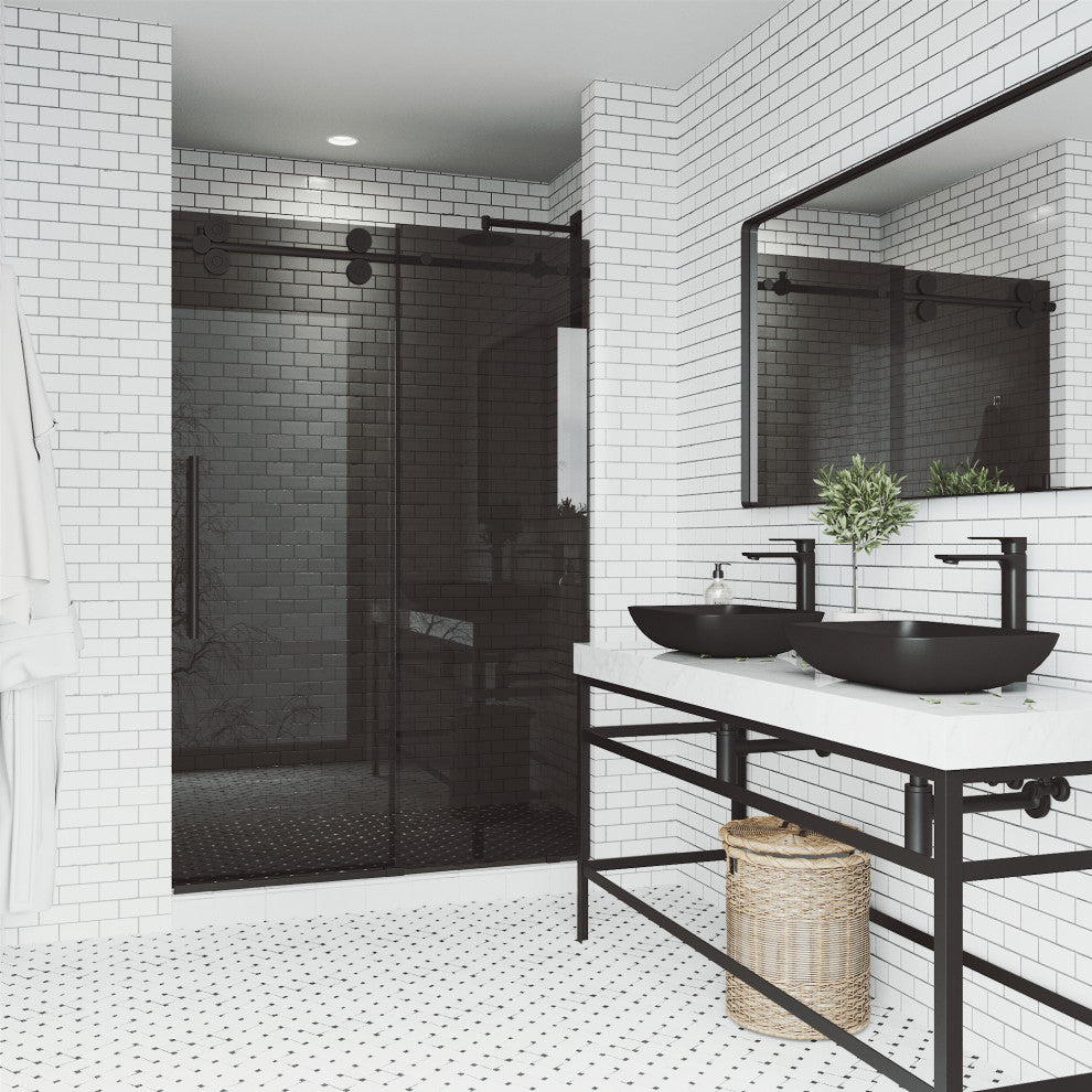 VIGO Elan 56" to 60" W x 74" H Frameless Sliding Shower Door, Matte Black, Black Tint Glass