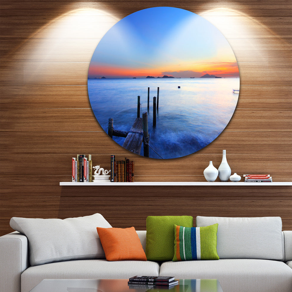 Summer Sea With Wooden Pier, Seascape Photo Round Wall Art, 23"