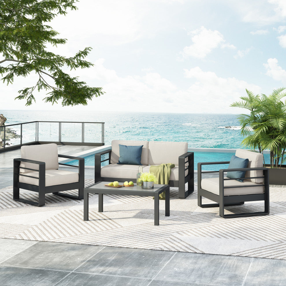 Gadd Aluminum 4-Piece Outdoor Chat Set With Cushions, Black/Beige