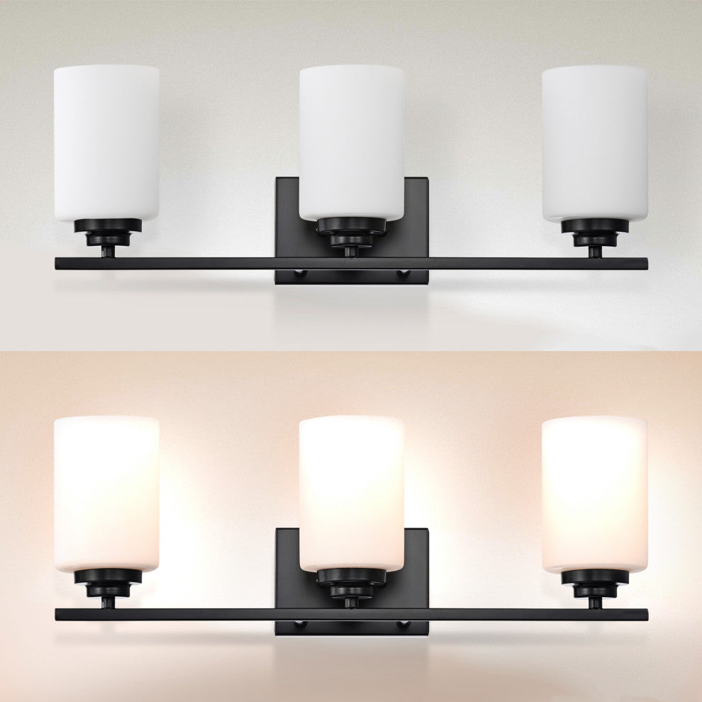 3-Light Matte Black Vanity With Etched White Glass Shades