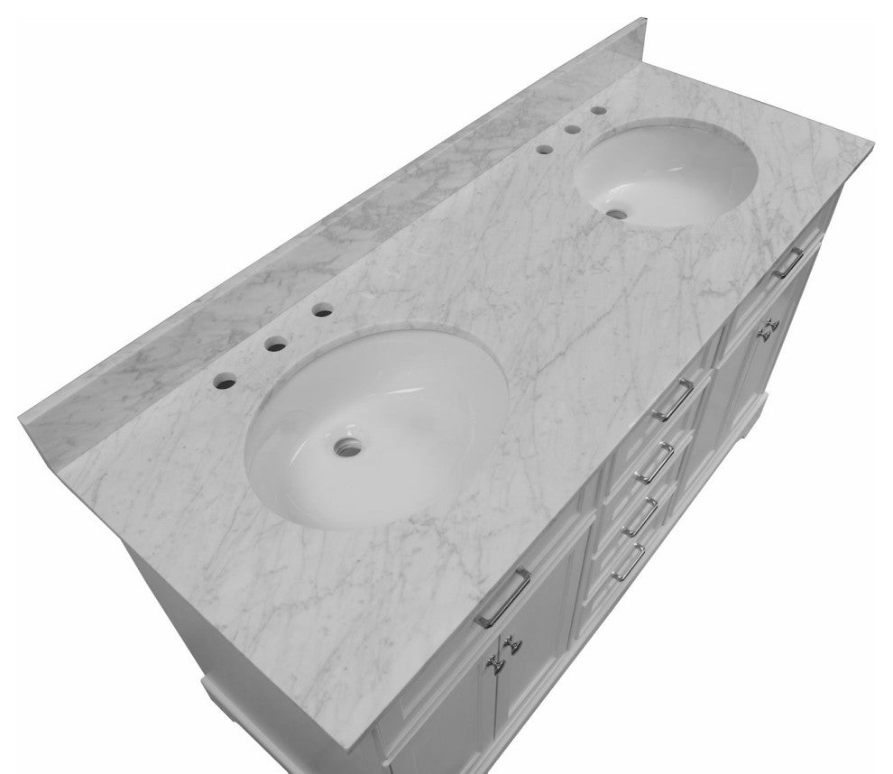 Aria 60" Bathroom Vanity, White, Carrara Marble, Double Vanity