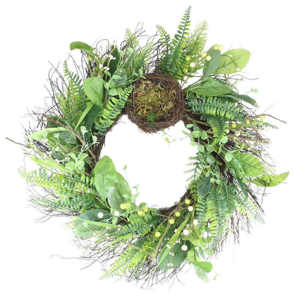 Green and Brown Foliage Artificial Spring Wreath with Nest - 24-Inch, Unlit
