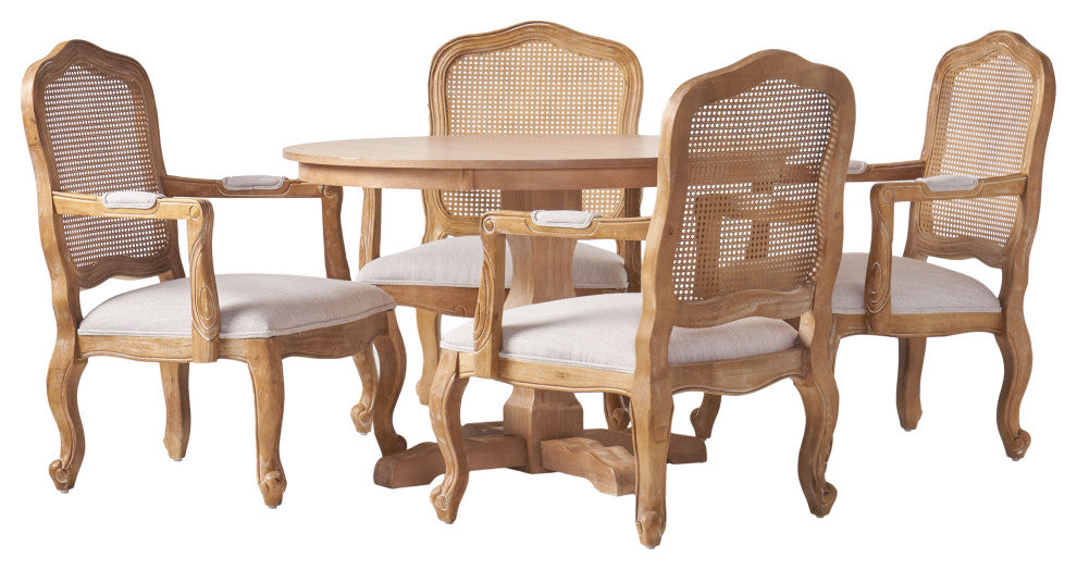 Absaroka French Country Fabric Wood and Cane 5-Piece Dining Set, Natural/Light Gray