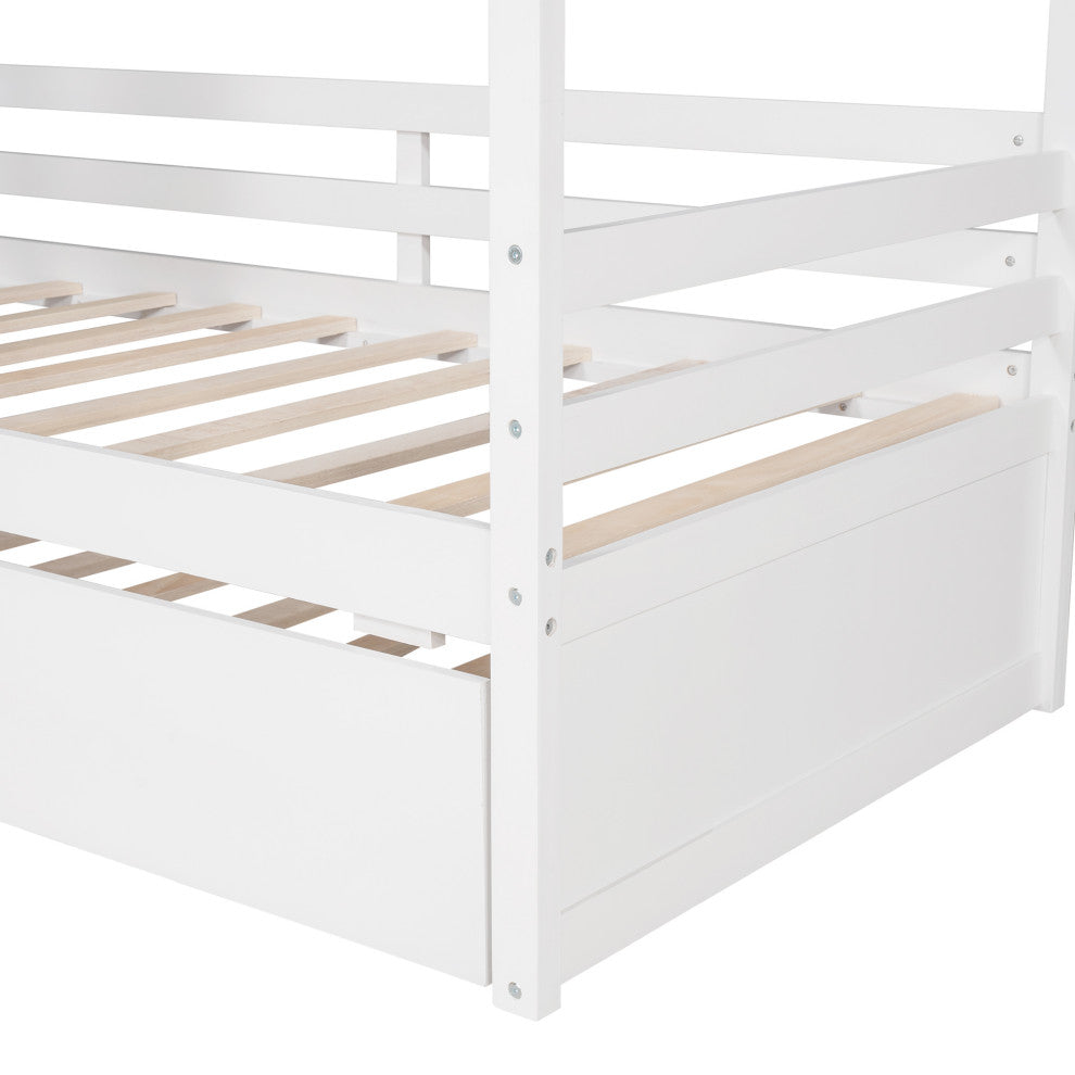 Gewnee Wood Twin House Bed with Twin Size Trundle in White