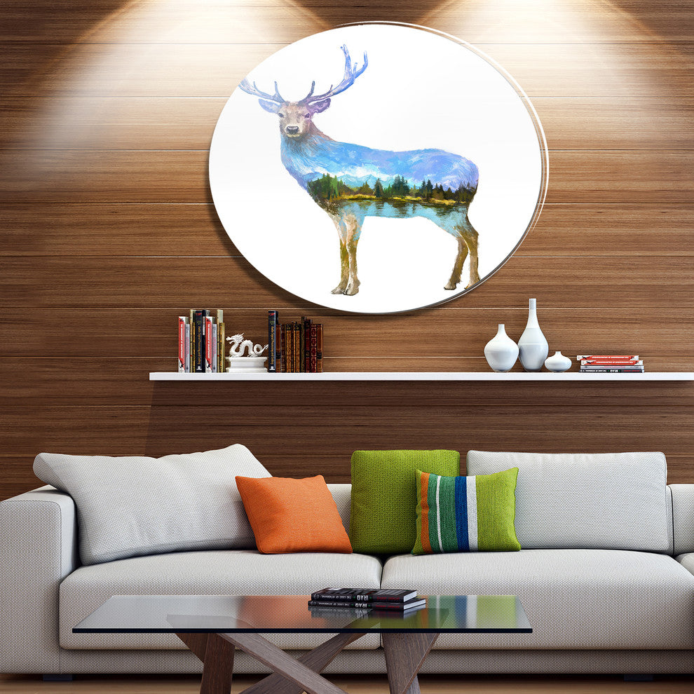 Deer Double Exposure Illustration, Animal Disc Metal Artwork, 11"