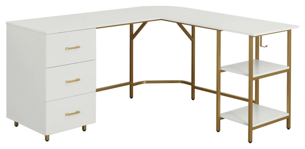 Techni Mobili L-Shape Home Office Two-Tone Desk with Storage, Gold