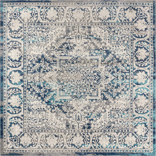 Modern Persian Vintage Medallion Area Rug, Blue, 9' Square