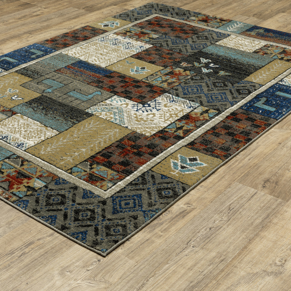Vander Patchwork Tribal Blue/Multicolored Indoor Area Rug, Blue, 5'3"x7'3"