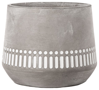 Round Cement Pot with Banded Tribal Pattern Design Concrete Gray Finish, Large