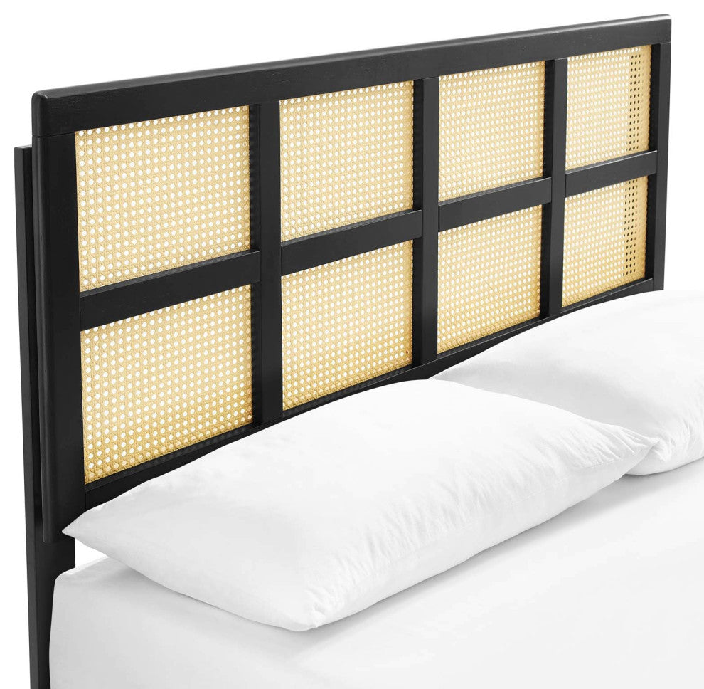 Cane Bed, Woven Rattan Bed, Art Moderne Shoji Platform Bed, Black, Queen