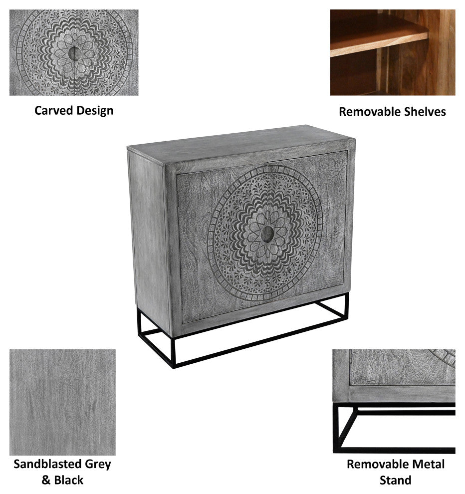 Zera 39" Accent Cabinet 2 Doors Medallion Carving Gray Mango Wood Black Iron