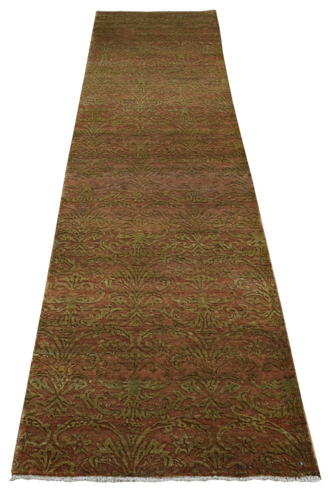 Brown, Abarasque Design, Wool and Silk Hand Knotted Runner Rug, 2'5"x11'4"