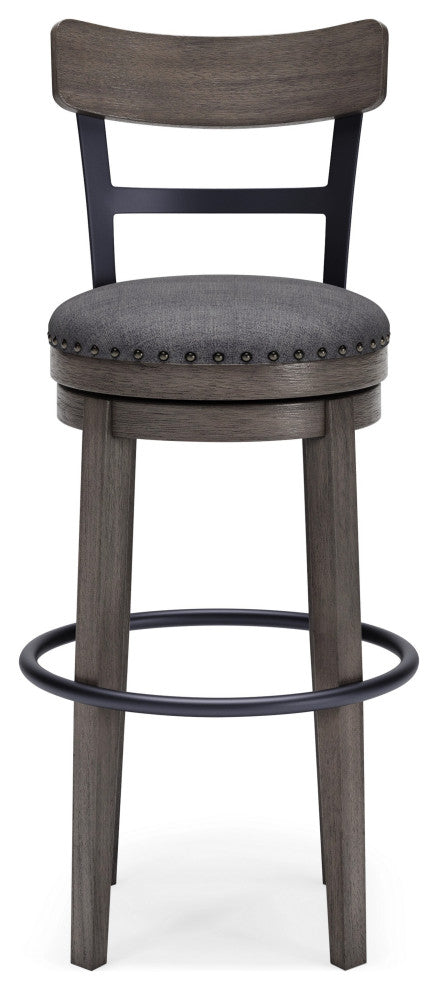 Benzara BM248094 Swivel Barstool With Nailhead Trim and Curved Panel Back, Gray
