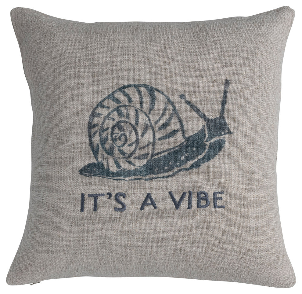 16" Square Linen Printed Pillow, Snail, "It''s a Vibe" Text Embroidery, Gray