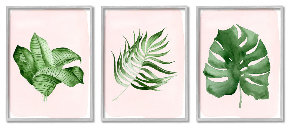 Boho Palm Leaves over Pink Modern Tropical Plants,3pc, each 11 x 14