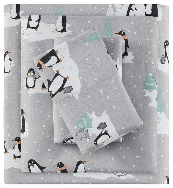 True North by Sleep Philosophy Cotton Flannel Kids Sheet Set, Grey Penguins